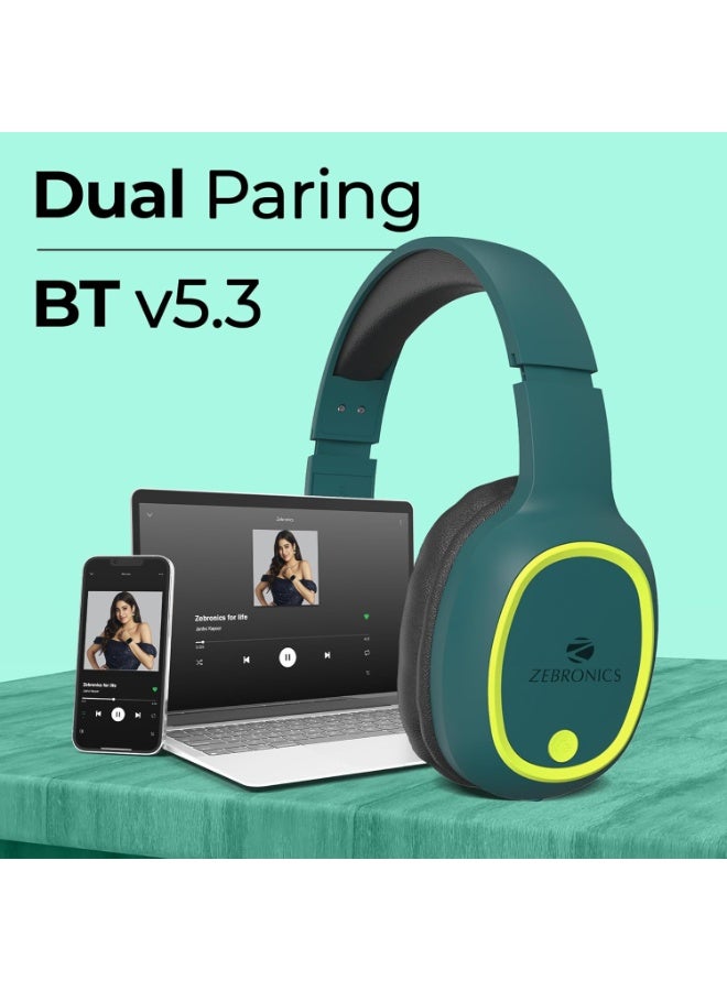 زيبونيكس ZEBRONICS Thunder Bluetooth 5.3 Wireless Over Ear Headphones with 60H Backup, Gaming Mode, Dual Pairing, Enc, Aux, Micro Sd, Voice Assistant, Comfortable Earcups, Call Function (Teal Green) - Image 2
